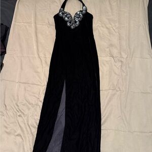 Chic Vintage Black Backless Dress with Silver Detailing